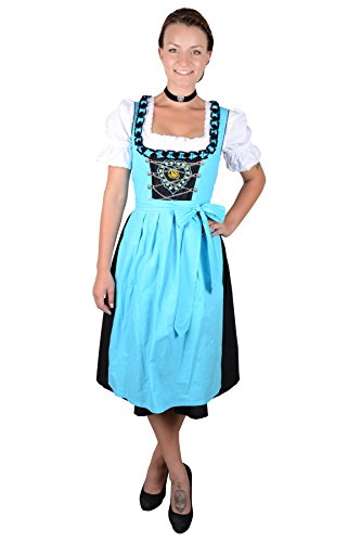 Almhouse 3-teiliges Langes Dirndl Lisa türkis schwarz inkl. Schürze und weißer Spitzen Dirndlbluse Gr. 32 von Almhouse