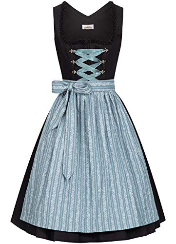 Almsach Damen Trachten-Mode Midi Dirndl Gabi in Schwarz-Eisblau traditionell, Größe:32, Farbe:Schwarz/Eisblau von Almsach