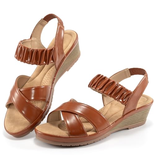 Almusen Damen-Sandalen mit Keilabsatz, elegant: bequemer, elastischer Knöchelriemen, Sommer, niedriger Absatz, Arbeitssandalen für Damen 2025, modische Hochzeitsschuhe, Braun, 41.5 EU von Almusen