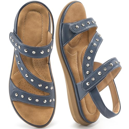 Almusen Flache Damen-Sandalen, elegant: verstellbare Damen-Sandalen, bequeme orthopädische Schuhe für Outdoor-Wandern, Blau, 37.5 EU von Almusen