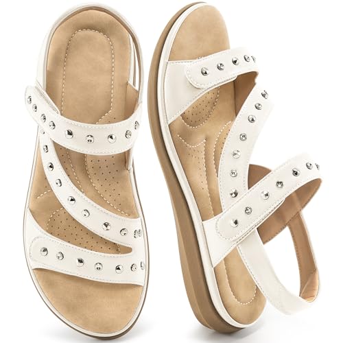 Almusen Flache Damen-Sandalen, elegant: verstellbare Damen-Sandalen, bequeme orthopädische Schuhe für Outdoor-Wandern, Weiss/opulenter Garten, 38 EU von Almusen