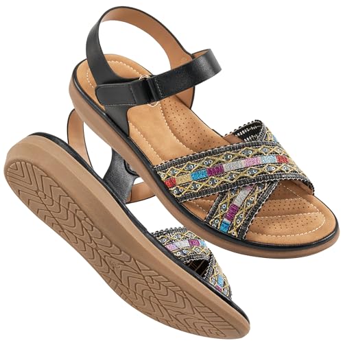 Almusen Flache Sandalen für Damen, elegant: bequeme Sommer-Strandschuhe, lässig, Knöchelriemen, Bohemian-Stil, gewebte Wandersandale, Schwarz, 39.5 EU von Almusen