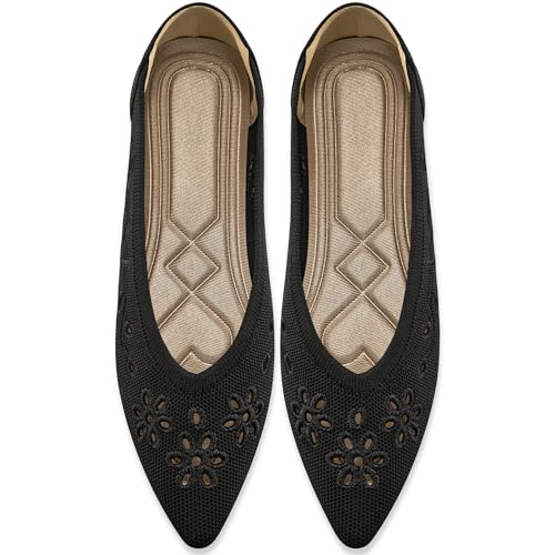 Flache Ballerinas für Damen: bequeme gestrickte spitze Zehen, elegante Arbeits-Flats für Damen, atmungsaktiv, florale Ösen für Büro, Dating, Schwarz, 39.5 EU von Almusen