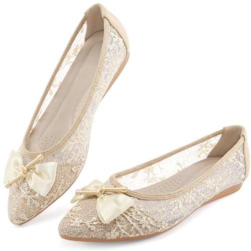 Flache Schuhe für Damen: Bequeme spitze Zehenpartie, Schleife, Spitze, Damen-Ballerinas, elegant – modische florale Schlupfschuhe für Hochzeit, Party, Dating, Beige, 39 EU von Almusen