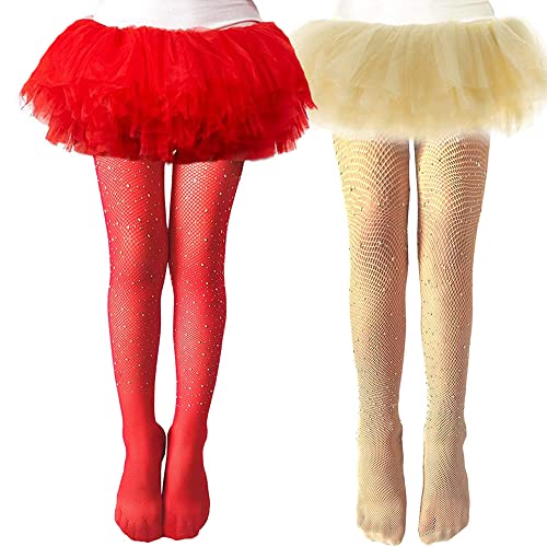 2 Paar Mädchen Glitzer Netzstrumpfhose mit Strass, 5-16 Jahre Kleinkind Kinderstrumpfhose für Party Outfits (Rot und Hautfarben) von Alnintte