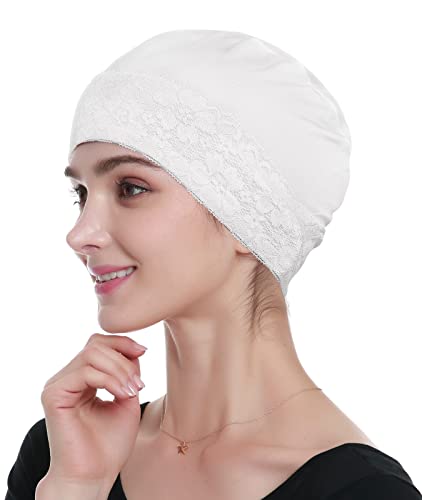 Alnorm Bambusmütze für Damen Turban aus Spitze Weiche Schlafkappe Nicht-gerade Weiss von Alnorm