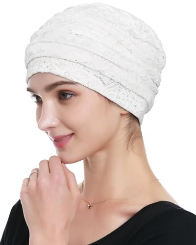 Alnorm Brustkrebs Schlafmütze Frauen Floral Stickerei Mesh Spitze Beanie Weiß von Alnorm