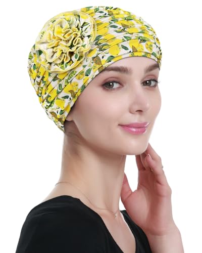 Alnorm Chemo Caps mit BlumeDehnbare Sofort-Kopfbedeckung Gelb von Alnorm