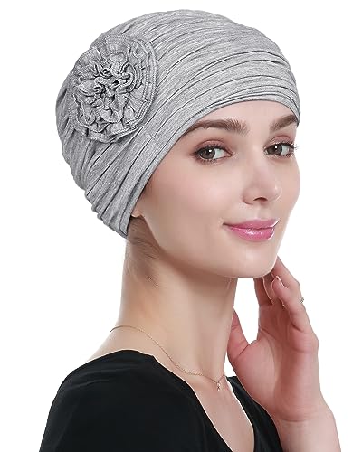 Alnorm Frauen Turban Beanie Hut mit Blume Hanf Hellgrau von Alnorm