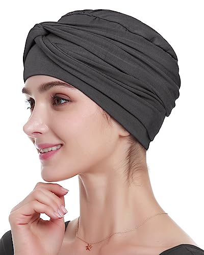 Alnorm Vorgebundenes Bandana für Frauen Chemo-Mütze Bambus-Krebs-Schal Weiche Haarabdeckung Dunkelgrau von Alnorm