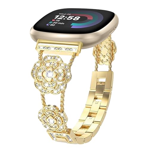 Alociaga Bling Armband kompatibel mit Fitbit Versa 4/Versa 3/Fitbit Sense 2/Sense Band Smart Watch, Diamant Kamelie Blumen Armband für Damen, Gold von Alociaga