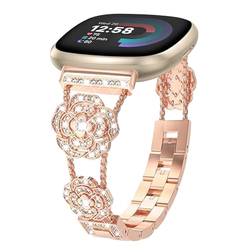 Alociaga Bling Armband kompatibel mit Fitbit Versa 4/Versa 3/Fitbit Sense 2/Sense Band Smart Watch, Diamant Kamelie Blumen Armband für Damen, Roségold von Alociaga