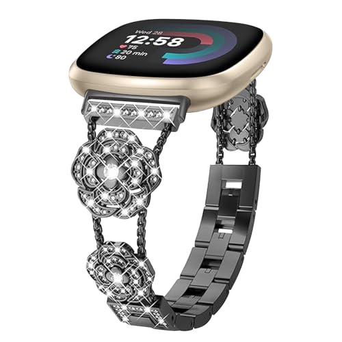 Alociaga Bling Armband kompatibel mit Fitbit Versa 4/Versa 3/Fitbit Sense 2/Sense Band Smart Watch, Diamant Kamelie Blumen Armband für Damen, Schwarz von Alociaga