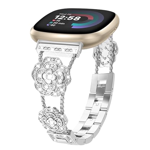 Alociaga Bling Armband kompatibel mit Fitbit Versa 4/Versa 3/Fitbit Sense 2/Sense Band Smart Watch, Diamant Kamelie Blumen Armband für Damen, Silber von Alociaga