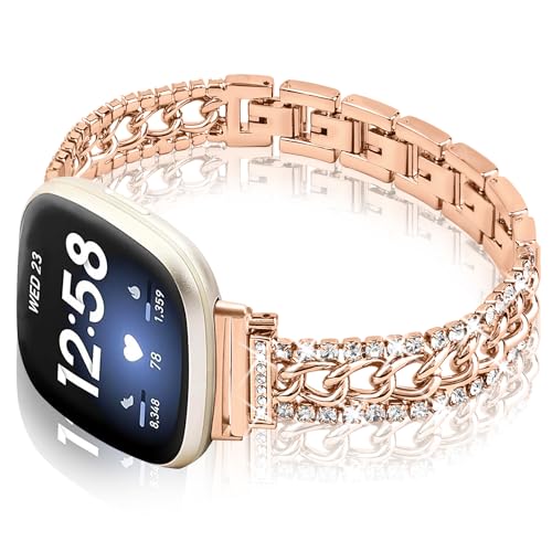 Alociaga Bling Chain Armband Kompatibel mit Fitbit Versa 4/Versa 3/Fitbit Sense 2/Sense Band Smart Watch, Diamant Strass Metall Uhrenarmband für Damen, Roségold von Alociaga
