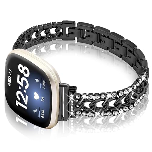 Alociaga Bling Chain Armband Kompatibel mit Fitbit Versa 4/Versa 3/Fitbit Sense 2/Sense Band Smart Watch, Diamant Strass Metall Uhrenarmband für Damen, Schwarz von Alociaga