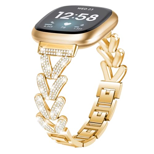 Alociaga Diamantbesetztes Metallarmband, kompatibel mit Fitbit Versa 4/Versa 3/Fitbit Sense 2/Sense Band Smart Watch, Bling V-Form Strass Metall Uhrenarmband für Damen, Gold von Alociaga