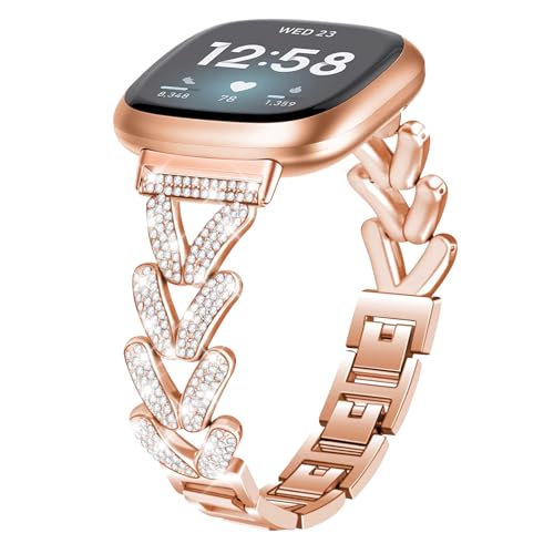 Alociaga Diamantbesetztes Metallarmband, kompatibel mit Fitbit Versa 4/Versa 3/Fitbit Sense 2/Sense Band Smart Watch, Bling V-Form Strass Metall Uhrenarmband für Damen, Roségold von Alociaga