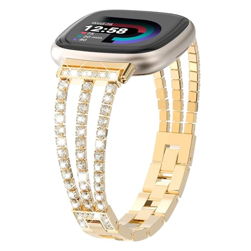 Alociaga Metallbänder, kompatibel mit Fitbit Versa 4/Versa 3/Fitbit Sense 2/Sense Band Smartwatch, funkelndes glitzerndes glänzendes Diamant-Armband für Damen, Gold von Alociaga