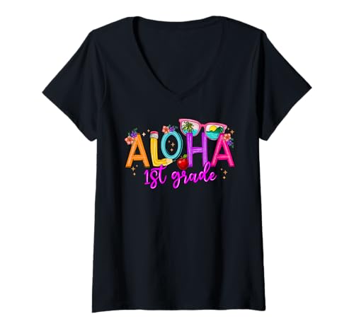 Damen Aloha 1. Klasse Sommer Urlaub Strand Lehrer Schule Student T-Shirt mit V-Ausschnitt von Aloha 1st Grade Teacher Student Summer Vacation