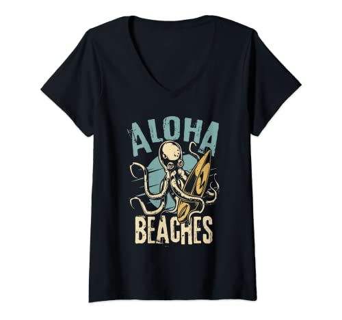 Damen Cooles Surfer Design mit Oktopus Kraken - Aloha Beaches! T-Shirt mit V-Ausschnitt Damen Cooles Surfer Design mit Oktopus Kraken - Aloha Beaches! T-Shirt mit V-Ausschnitt von Aloha Beaches Oktopus Surf Kraken Strand Geschenke