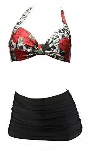 Aloha-Beachwear Damen Vintage Bikini Set mit Totenkopf Skull Rose Panty Retro Tattoo, A10740 Mehrfarbig (S / 36 / UK 10, Mehrfarbig/Schwarz) von Aloha-Beachwear