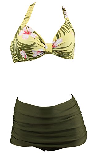Aloha-Beachwear Tiki Hawaii Rockabilly Flower Hibiskus Vintage Damen Bikini A10255 (L / 40 / UK 14, Top Hawaii/Hose Grün) von Aloha-Beachwear