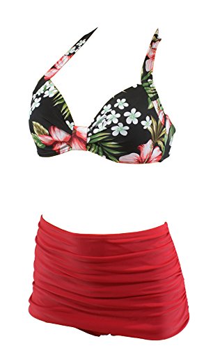 Aloha-Beachwear Tiki Vintage Strandmode Rockabilly Fifties Damen Bikini A1021 (L / 40 / UK 14, Top Mehrfarbig/Unterteil Rot) von Aloha-Beachwear