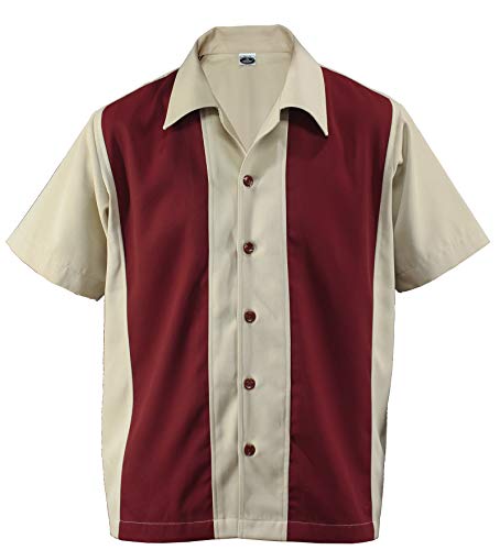 Herren Bowling Shirt Worker Hemd Rockabilly Two Tone Gabardine Lounge Fifties Vintage Retro Double Panel D600 (XXL/XX-Large, Beige/Red) von Aloha-Beachwear