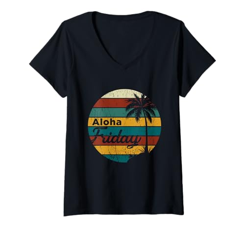 Damen Aloha Freitag Retro Palm Tree Tropical Beach Vibes T-Shirt mit V-Ausschnitt von Aloha Friday Lifestyle