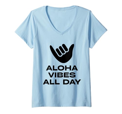 Damen Kühnes Aloha Vibes Shaka Hand Hawaii-Inseldesign T-Shirt mit V-Ausschnitt Damen Kühnes Aloha Vibes Shaka Hand Hawaii-Inseldesign T-Shirt mit V-Ausschnitt von Aloha Gift Box