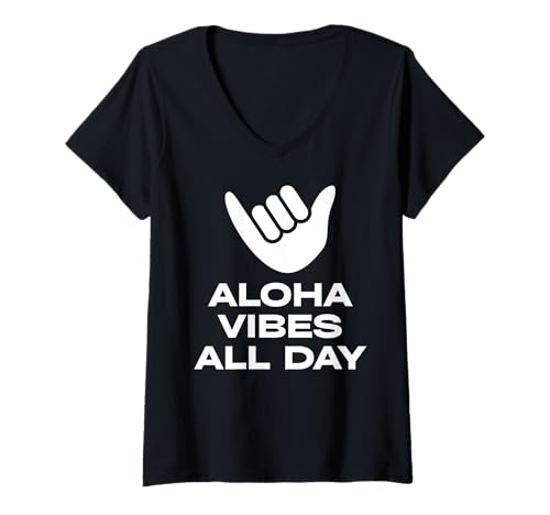 Damen Kühnes Aloha Vibes Shaka Hand Hawaii-Inseldesign T-Shirt mit V-Ausschnitt Damen Kühnes Aloha Vibes Shaka Hand Hawaii-Inseldesign T-Shirt mit V-Ausschnitt von Aloha Gift Box