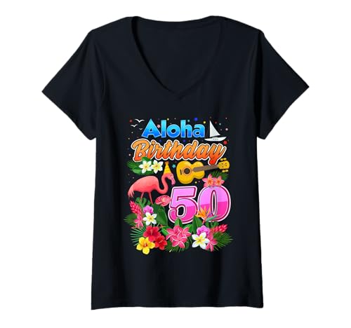 Damen Aloha Hawaii, 50-jähriger Geburtstag, 50. Geburtstag, Flamingo-Familie T-Shirt mit V-Ausschnitt von Aloha Hawaii 50 Year Old Birthday 50th Bday
