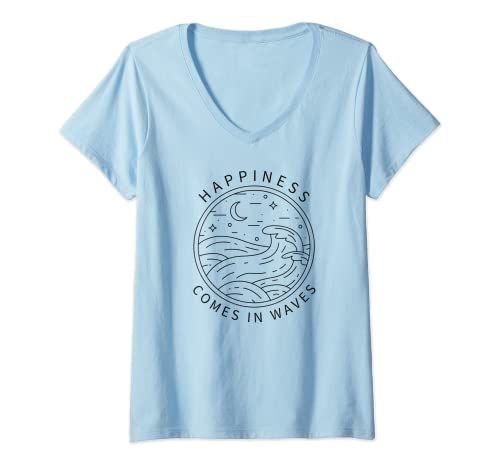 Damen Happiness Comes In Waves Wave Surfer Surfer Ocean Beach Lover T-Shirt mit V-Ausschnitt von Aloha Hawaii Hawaiian Island Beach Lovers Shirt
