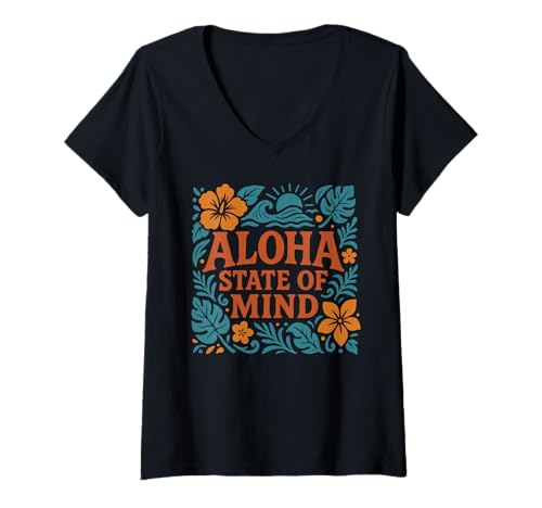 Damen Aloha State of Mind Hawaiianischer Hibiskusblumen-Strand im Retro-Look T-Shirt mit V-Ausschnitt von Aloha Hawaii Hawaiian Island Palm Tree Beach Surf