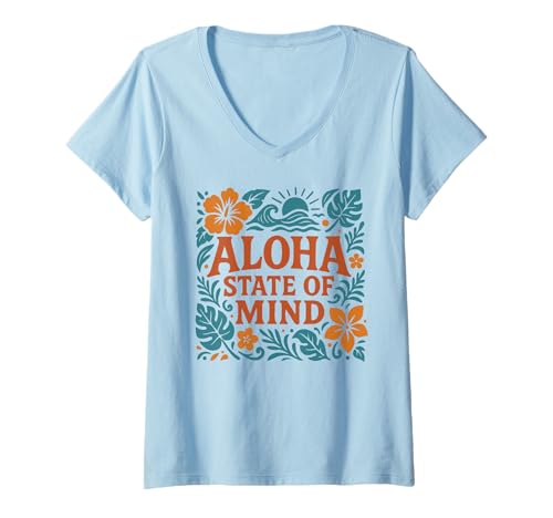 Damen Aloha State of Mind Hawaiianischer Hibiskusblumen-Strand im Retro-Look T-Shirt mit V-Ausschnitt von Aloha Hawaii Hawaiian Island Palm Tree Beach Surf