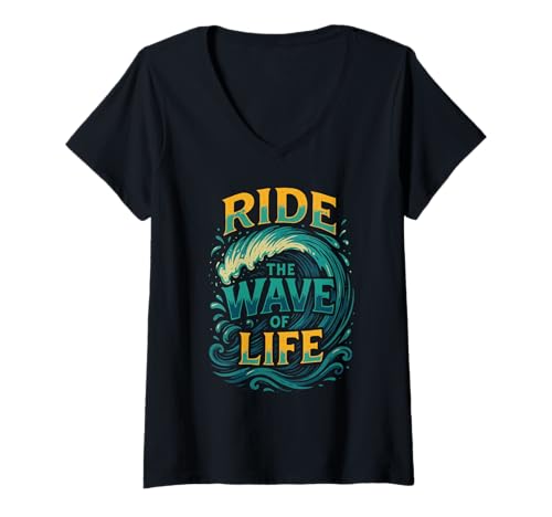Damen Ride The Wave Surfing Ocean Zitat Motivierender Strand Surfer T-Shirt mit V-Ausschnitt von Aloha Hawaii Hawaiian Island Palm Tree Beach Surf