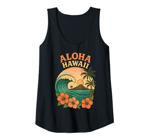 Damen Aloha Hawaii Retro Surf Wave Tropical Sunset Palmen Tank Top von Aloha Hawaii Hawaiian Island Shirt Palm Beach Surf
