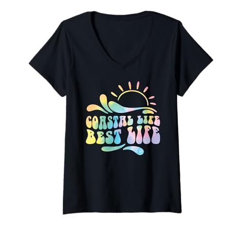 Damen Coastal Life Best Life Sun Wave Beach Ästhetischer Surfer im Retro-Look T-Shirt mit V-Ausschnitt von Aloha Hawaii Hawaiian Island Shirt Palm Beach Surf