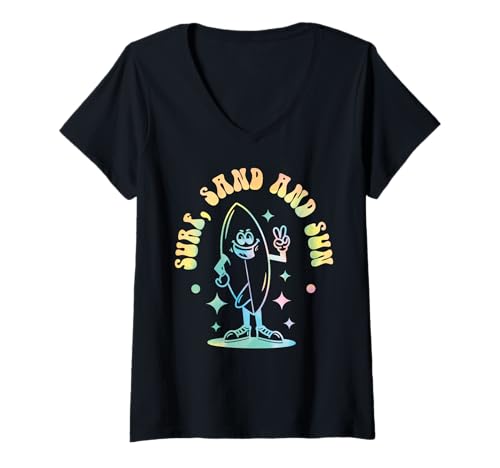 Damen Grooviges Surfbrett im Retro-Look „Surf, Sand & Sun“ von Peace Surf T-Shirt mit V-Ausschnitt Damen Grooviges Surfbrett im Retro-Look „Surf, Sand & Sun“ von Peace Surf T-Shirt mit V-Ausschnitt von Aloha Hawaii Hawaiian Island Shirt Palm Beach Surf
