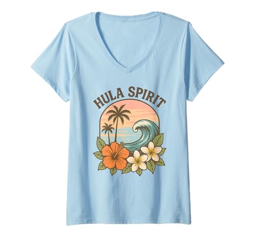 Damen Hula Spirit Retro Surf Wave Hibiskus Plumeria Blume Hawaii T-Shirt mit V-Ausschnitt von Aloha Hawaii Hawaiian Island Shirt Palm Beach Surf
