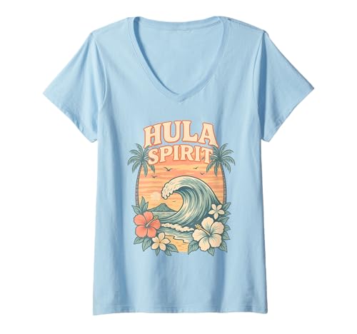Damen Hula Spirit Wave Retro Hawaii Palmen Tropische Blumen T-Shirt mit V-Ausschnitt von Aloha Hawaii Hawaiian Island Shirt Palm Beach Surf