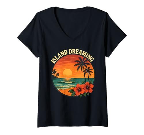 Damen Island Dreaming Tropischer Retro-Strand mit Hibiskusblüte bei Sonnenuntergang T-Shirt mit V-Ausschnitt von Aloha Hawaii Hawaiian Island Shirt Palm Beach Surf