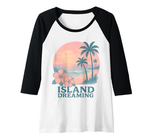 Damen Island Dreaming Tropischer Sonnenuntergang, Hibiskuspalmen, Retro Raglan von Aloha Hawaii Hawaiian Island Shirt Palm Beach Surf