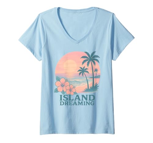 Damen Island Dreaming Tropischer Sonnenuntergang, Hibiskuspalmen, Retro T-Shirt mit V-Ausschnitt von Aloha Hawaii Hawaiian Island Shirt Palm Beach Surf