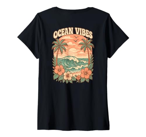 Damen Ocean Vibes Retro Beach Wave Hibiskus Blume Sonnenuntergang Küste T-Shirt mit V-Ausschnitt von Aloha Hawaii Hawaiian Island Shirt Palm Beach Surf