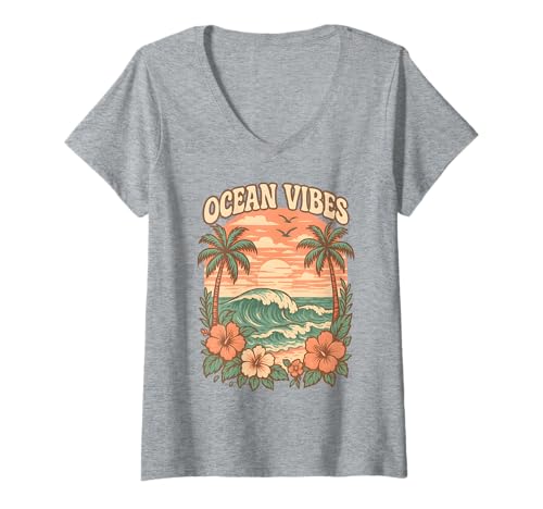 Damen Ocean Vibes Retro Beach Wave Hibiskus Blume Sonnenuntergang Küste T-Shirt mit V-Ausschnitt von Aloha Hawaii Hawaiian Island Shirt Palm Beach Surf