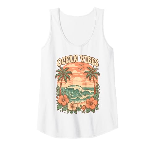 Damen Ocean Vibes Retro Beach Wave Hibiskus Blume Sonnenuntergang Küste Tank Top von Aloha Hawaii Hawaiian Island Shirt Palm Beach Surf