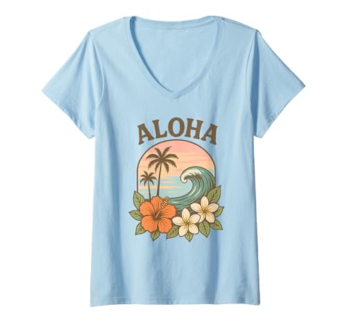 Damen Retro Aloha Hawaii Hibiskus Plumeria Palme Wave Island T-Shirt mit V-Ausschnitt von Aloha Hawaii Hawaiian Island Shirt Palm Beach Surf