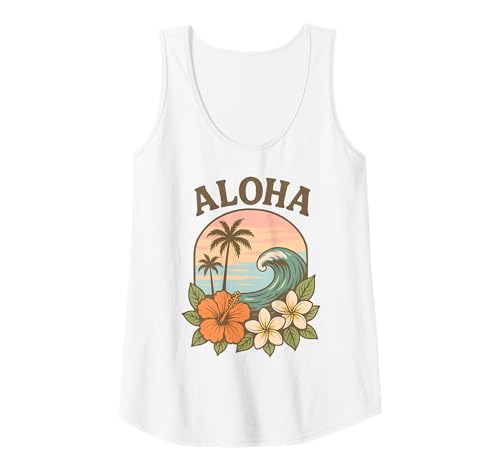 Damen Retro Aloha Hawaii Hibiskus Plumeria Palme Wave Island Tank Top von Aloha Hawaii Hawaiian Island Shirt Palm Beach Surf